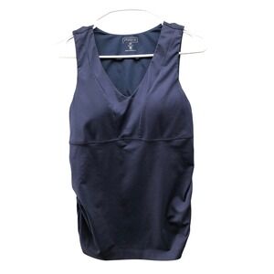 Athleta V-Neck Support Tank Top Womens 36B Empire Navy Ruched Built in Bra